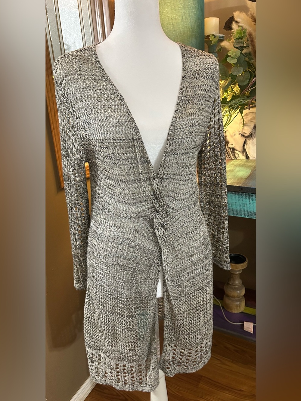 new directions Gray Silver Open-Knit Tie-Front Cardigan Duster Size Small